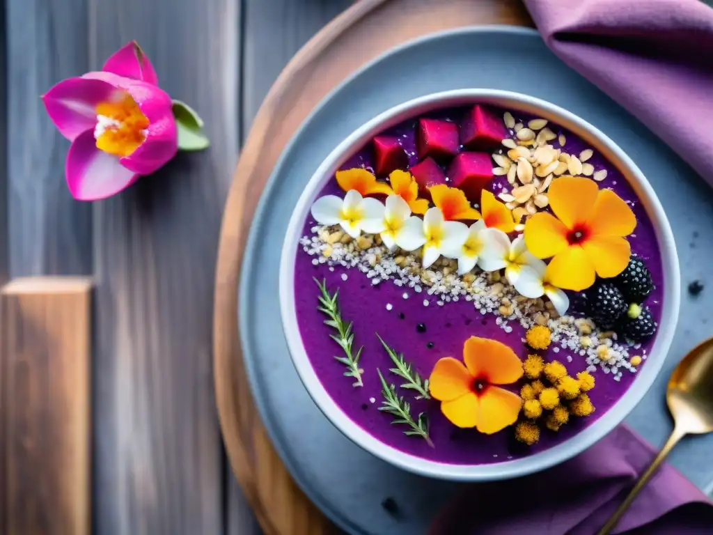 Un bol de smoothie morado vibrante con frutas exóticas y semillas, sobre madera y luz natural