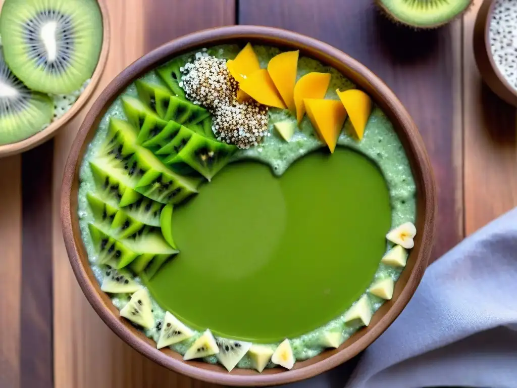 Un bol de smoothie verde vibrante con kiwi, semillas de chía y flores comestibles sobre madera rústica