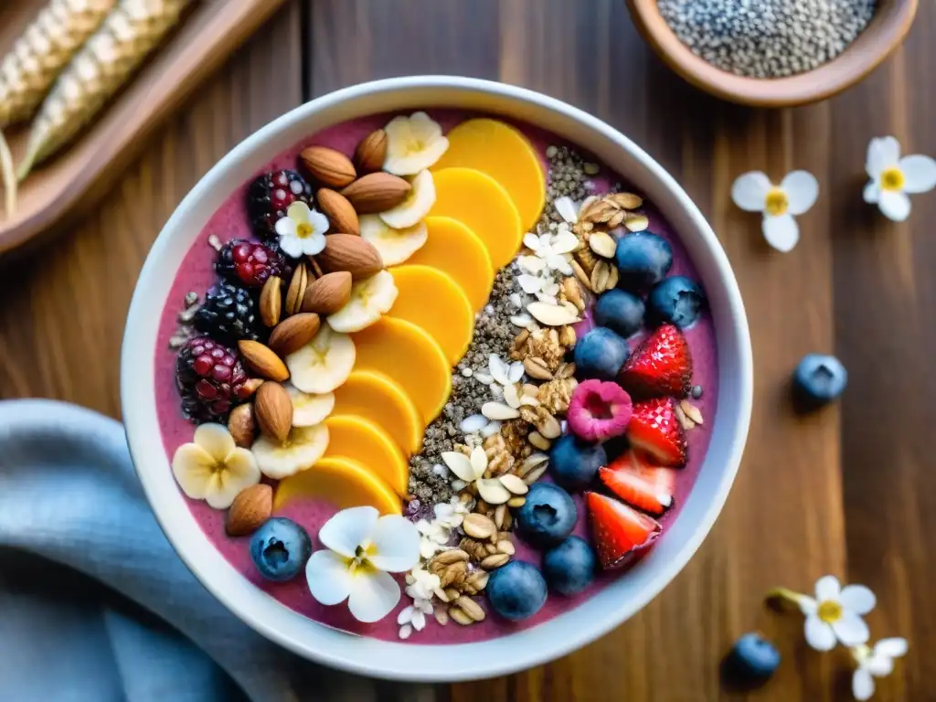 Un bol de smoothie vibrante y colorido con frutas frescas y semillas en una mesa de madera