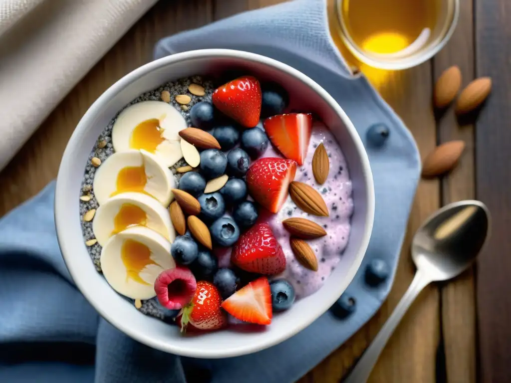 Un bol de chia pudding vibrante y colorido, con frutas frescas, almendras y miel, en una mesa rústica con luz matutina