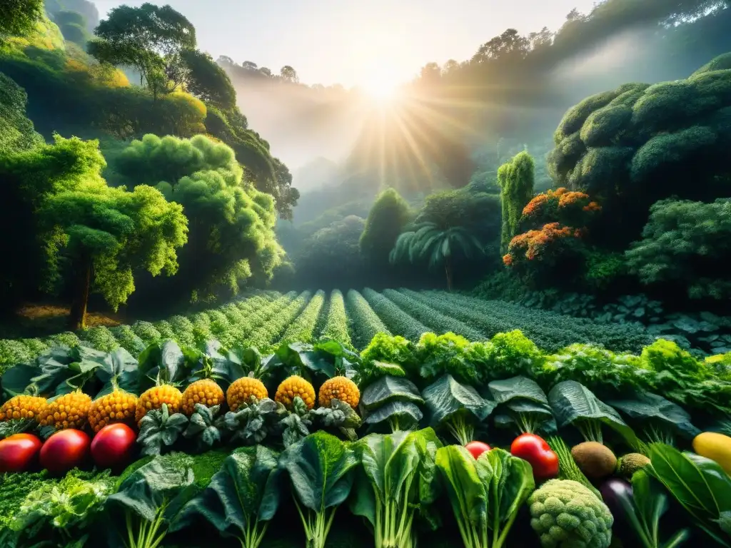 Bosque vegano: frutas y verduras en la naturaleza Bosque exuberante con frutas y verduras vibrantes, transmitiendo frescura y beneficios cocina vegana sin gluten