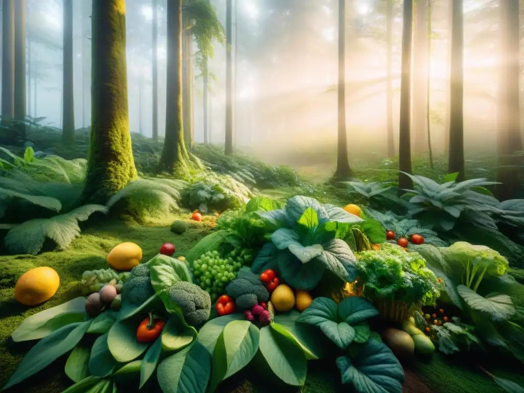 Un bosque exuberante con frutas y verduras coloridas, mariposas revoloteando