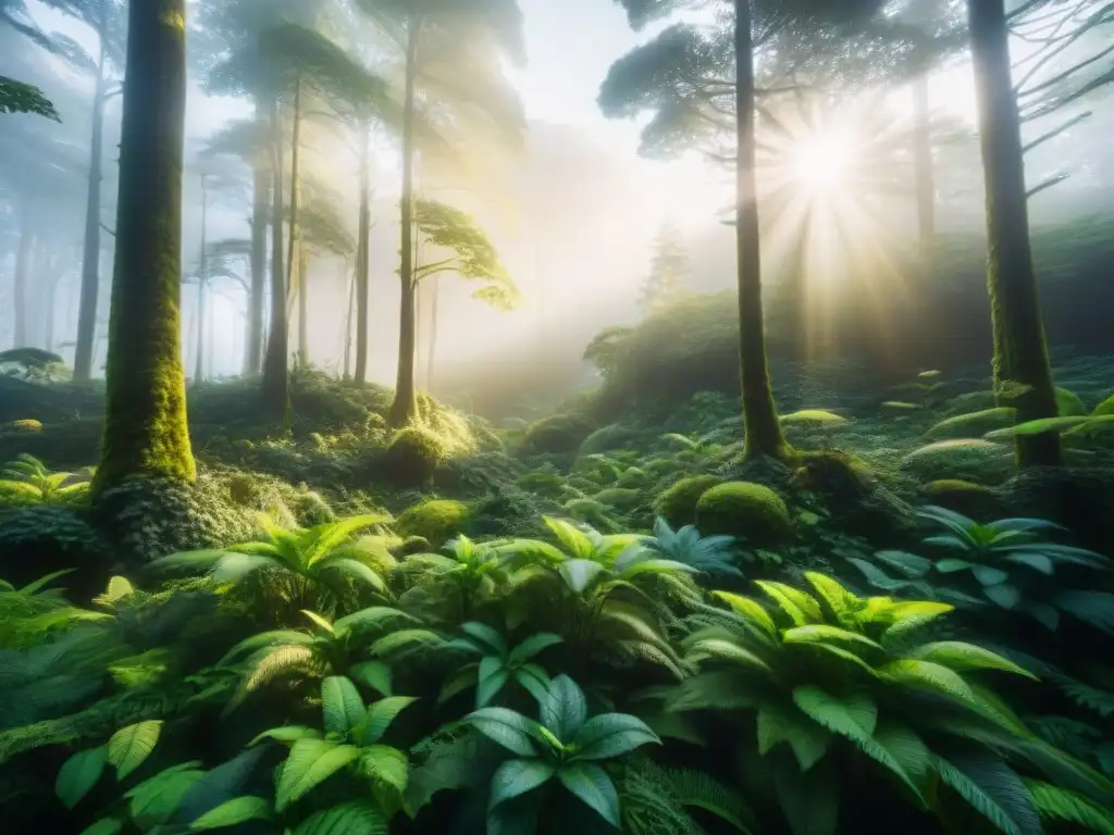 Un bosque exuberante lleno de vida y color, reflejando un entorno sostenible