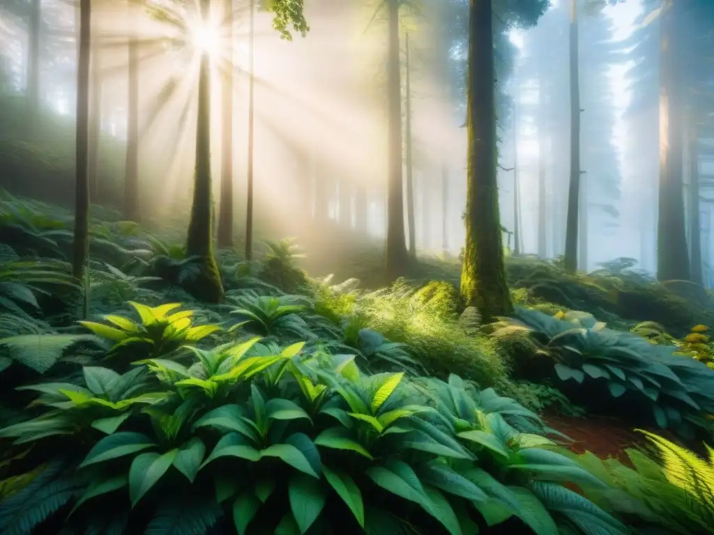 Un bosque exuberante con luz solar filtrándose a través del dosel, resaltando la diversidad de plantas