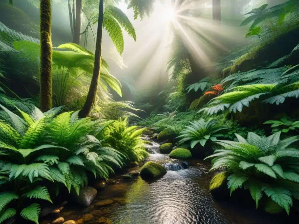 Un bosque exuberante con luz solar filtrándose entre el dosel, reflejando armonía y belleza natural