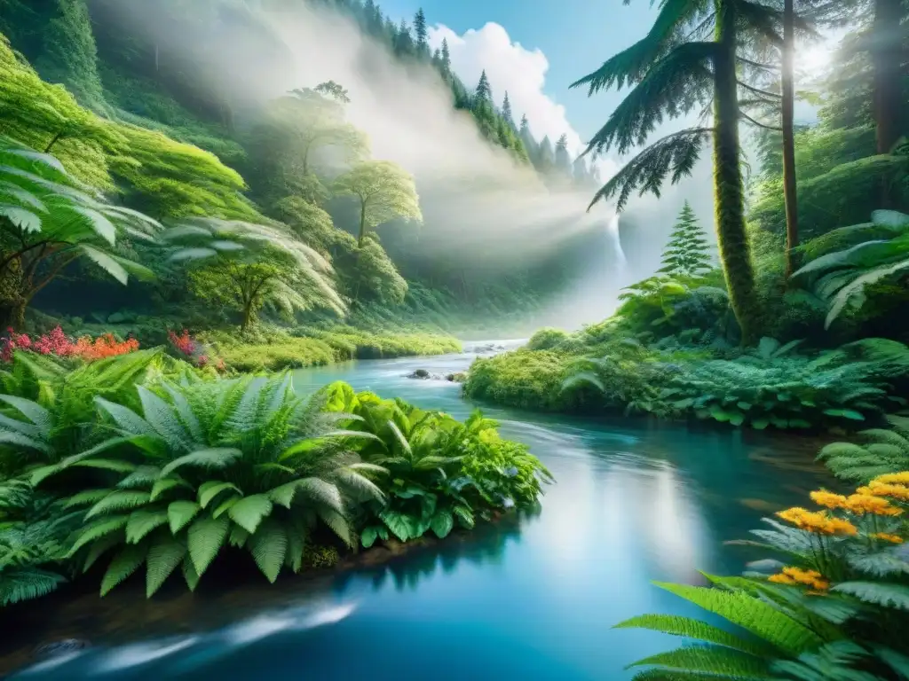 Bosque exuberante: armonía verde y paz natural Un bosque exuberante con rayos de sol filtrándose entre las copas de los árboles, reflejando armonía y beneficios cocina vegana sin gluten