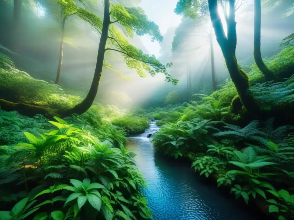 Bosque exuberante: belleza natural y tranquilidad Un bosque exuberante con vida vegetal vibrante y un arroyo tranquilo bajo el sol, mostrando la belleza de la naturaleza