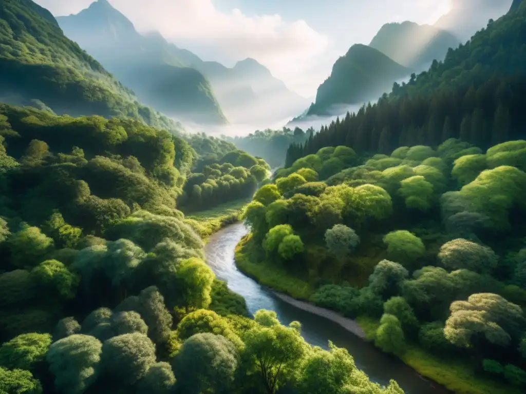 Un bosque sereno con río, montañas altas, luz filtrada y paz