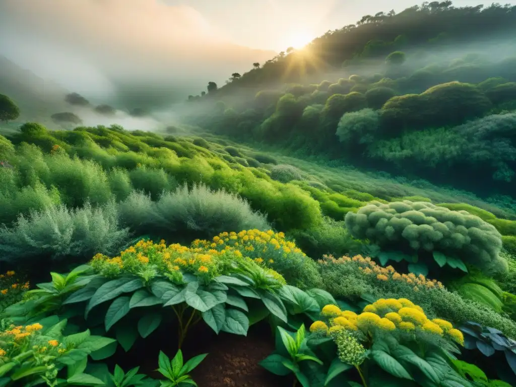 Un bosque verde exuberante con hierbas adaptogénicas como ashwagandha y tulsi