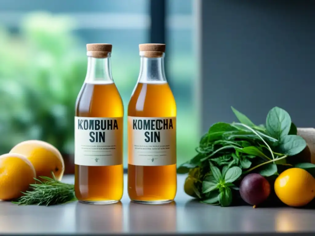 Dos botellas de Kombucha sin gluten: una casera con etiqueta rústica y otra comercial con etiqueta profesional