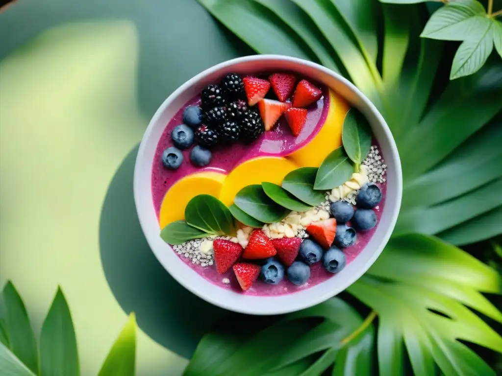 Bowl de batido vibrante y saludable con frutas frescas y semillas chía, en un jardín tropical