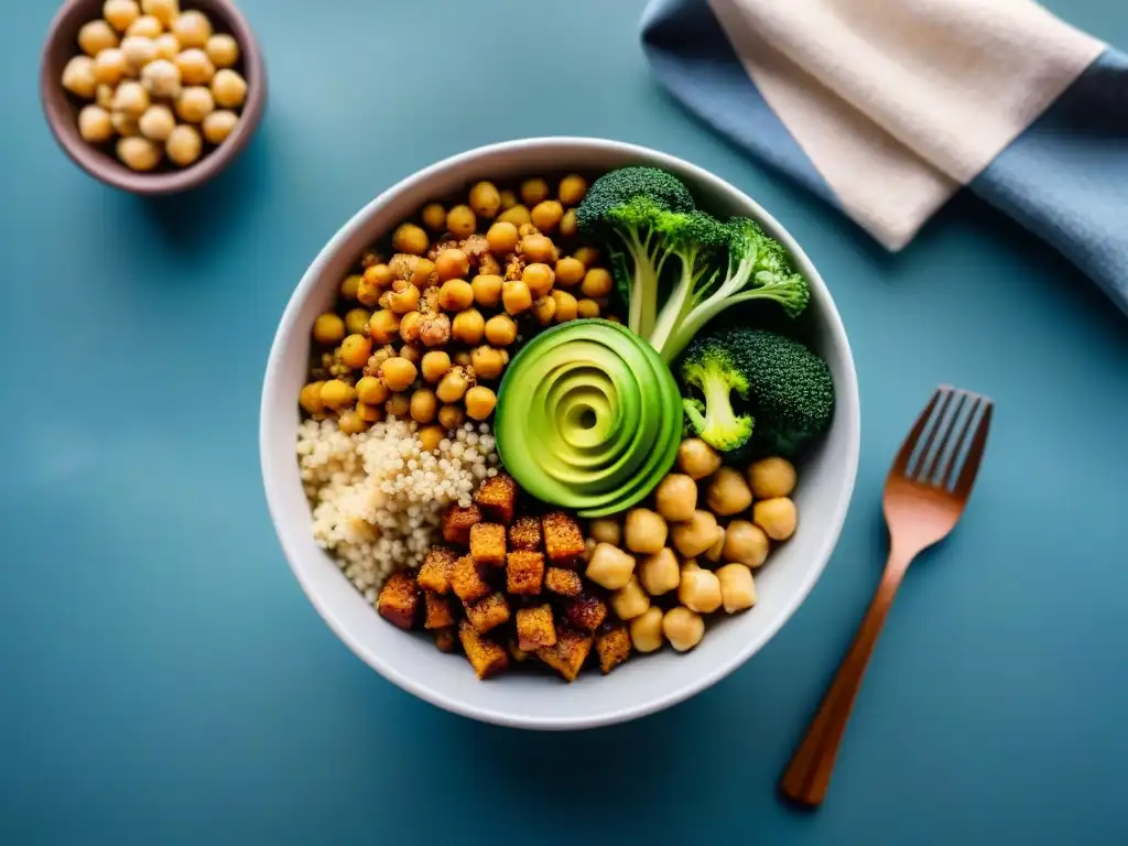 Bowl Buddha con proteínas vegetales, quinoa, garbanzos y tofu, ideal para recetas sin gluten