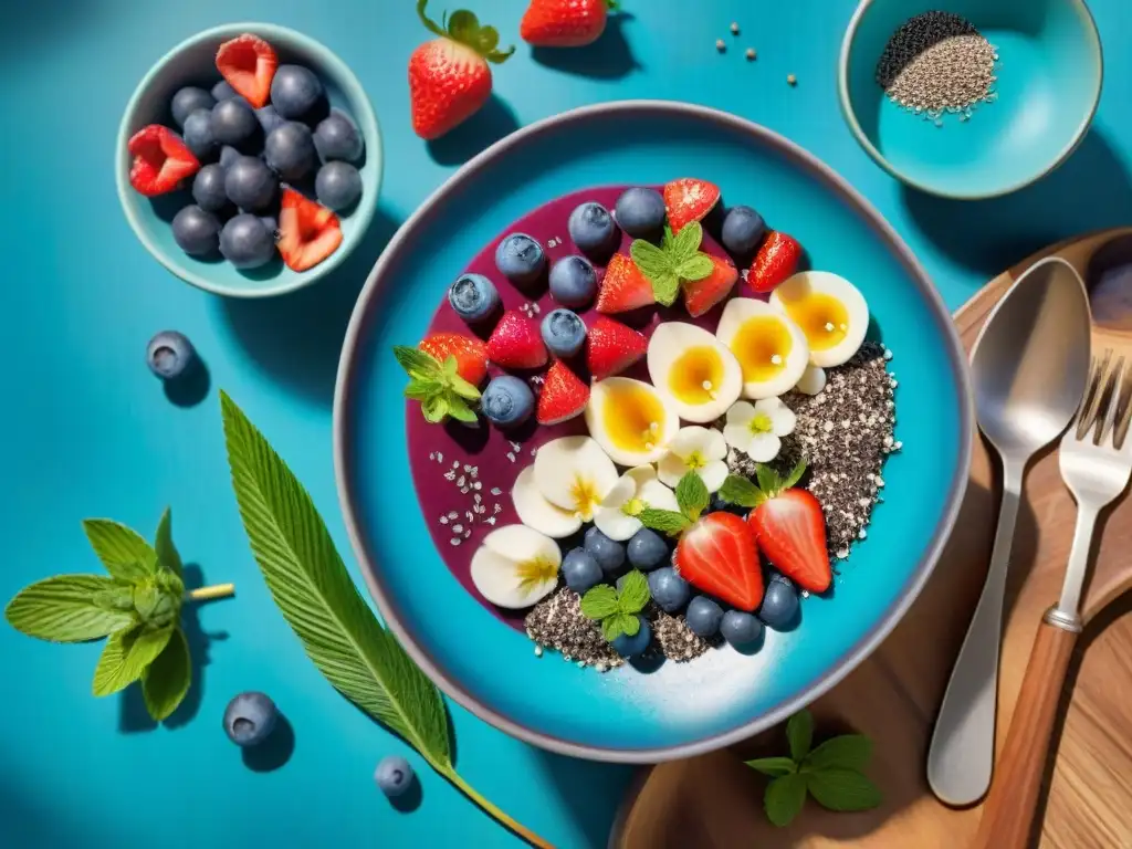 Un bowl de açaí colorido con fresas, arándanos, semillas de chía y coco, sobre una mesa rústica, destacando frescura y salud