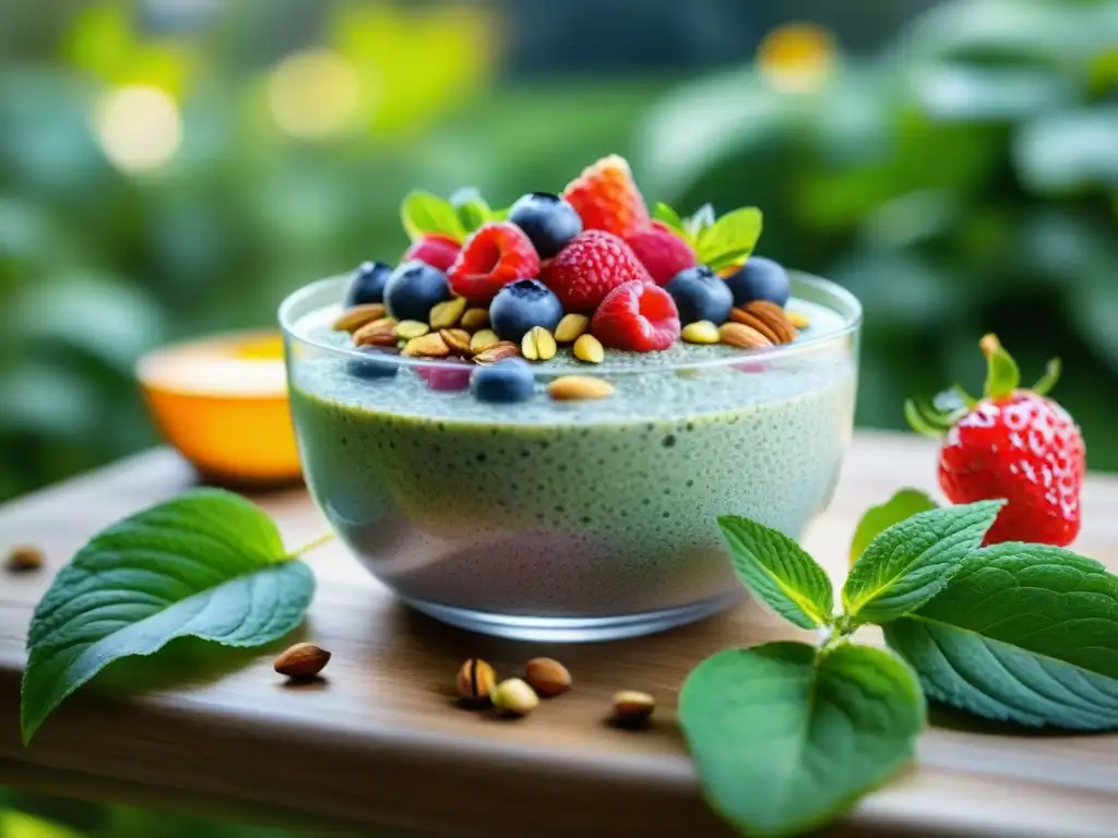 Bowl de chía con frutos rojos, nueces y miel, en jardín verde