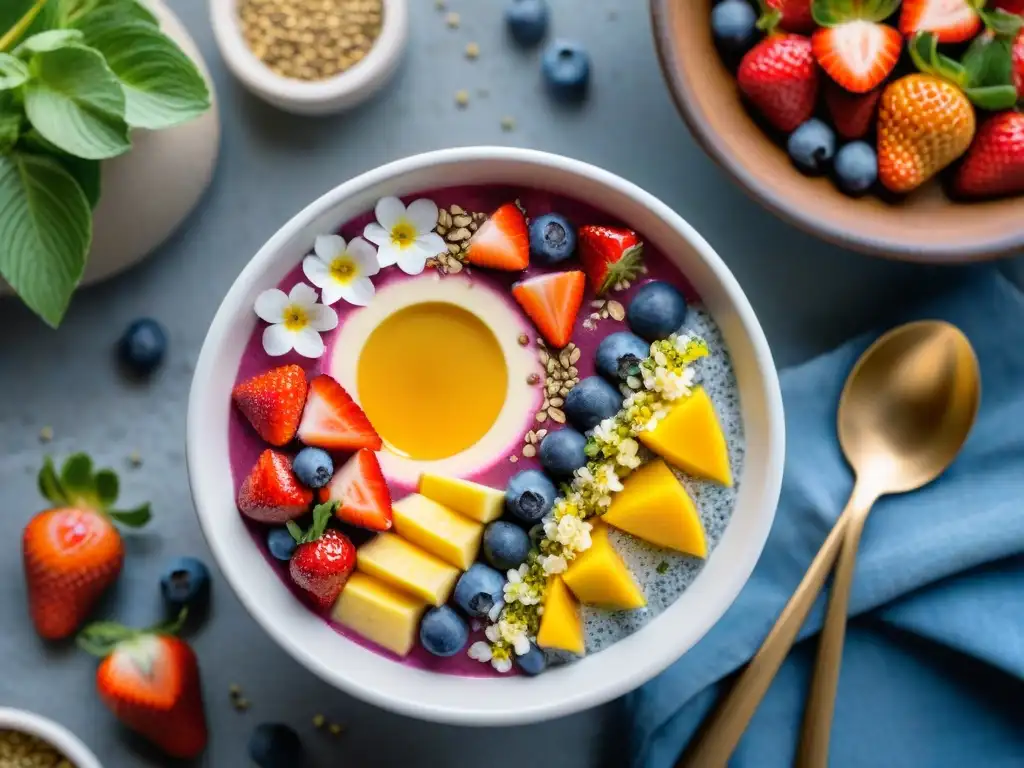 Un bowl primaveral rebosante de frutas frescas, semillas de chía y flores comestibles en un jardín soleado