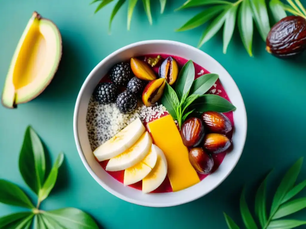 Un bowl de smoothie vibrante con dátiles frescos, semillas de chía y coco en un jardín tropical