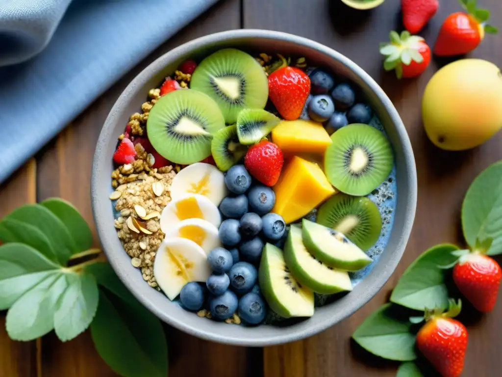 Un bowl de smoothie vibrante y fresco con frutas frescas en un jardín verde, evocando frescura y energía