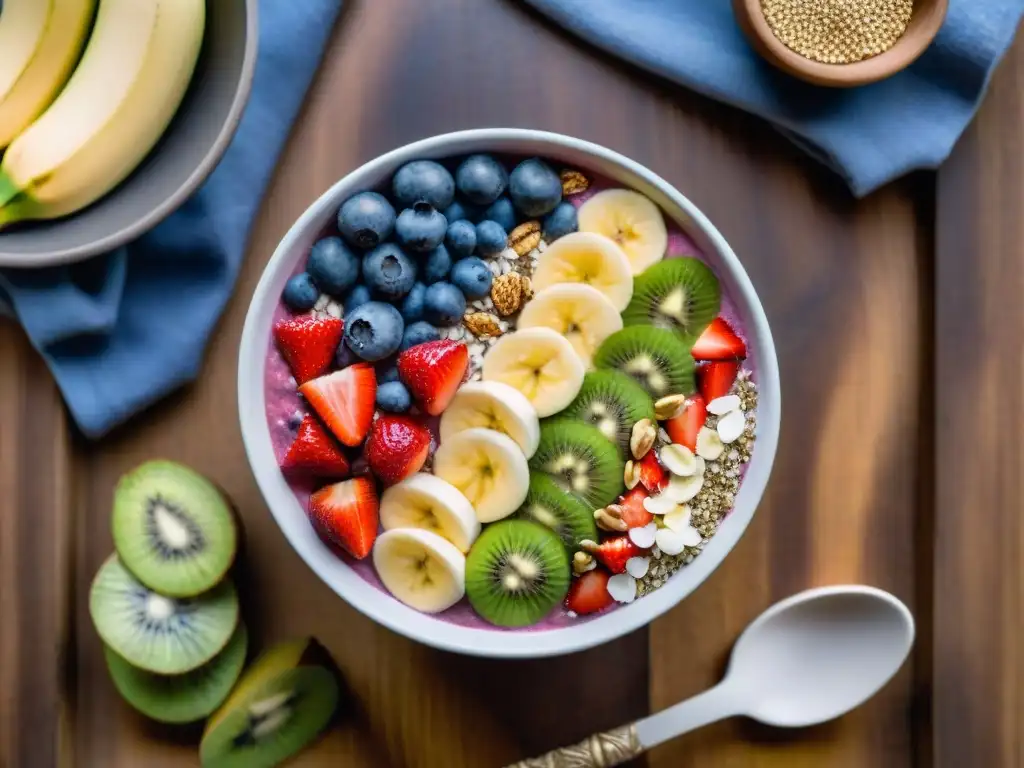 Un bowl de smoothie vibrante y fresco, con frutas coloridas y semillas, sobre una mesa de madera iluminada naturalmente