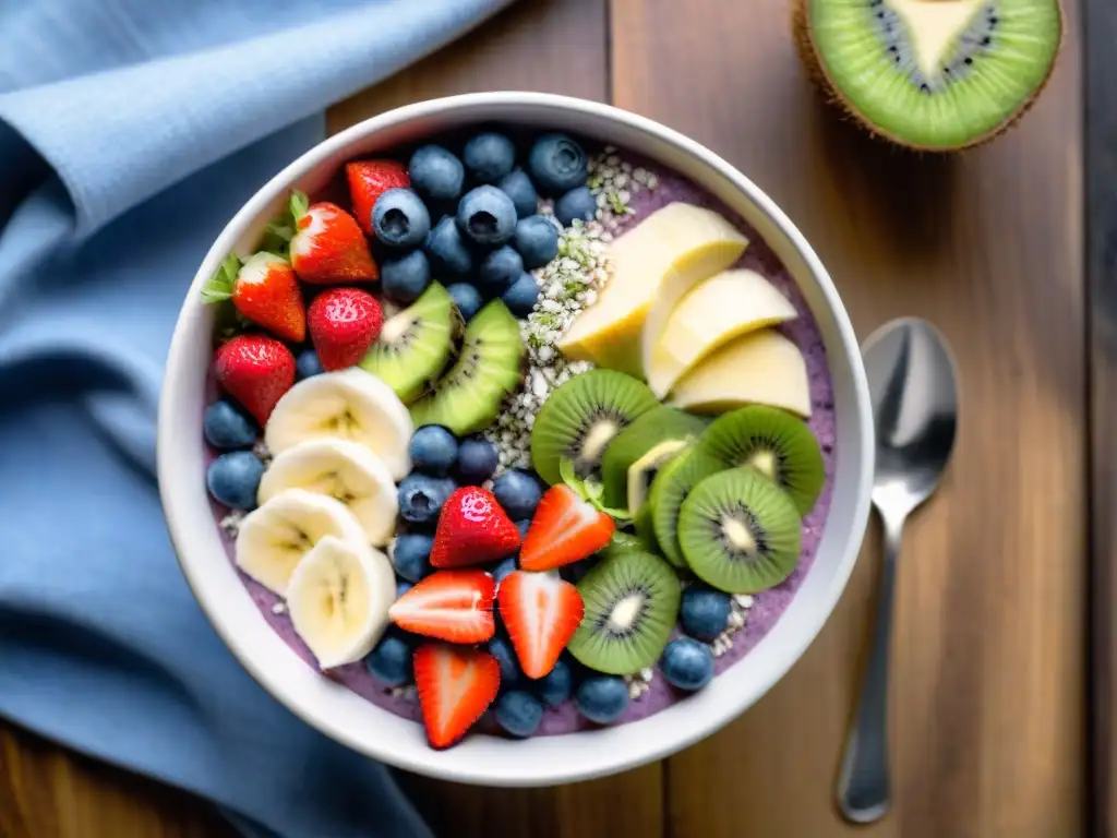 Un bowl de smoothie vibrante con frutas coloridas y frescas, chía y coco, sobre madera