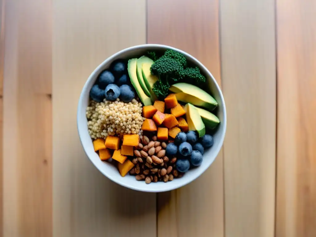 Bowl de superalimentos sin gluten: quinoa, aguacate, batata, arándanos y almendras en una presentación colorida y vibrante