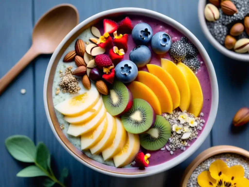 Un bowl vibrante y colorido con frutas, nueces, semillas de chía y flores comestibles