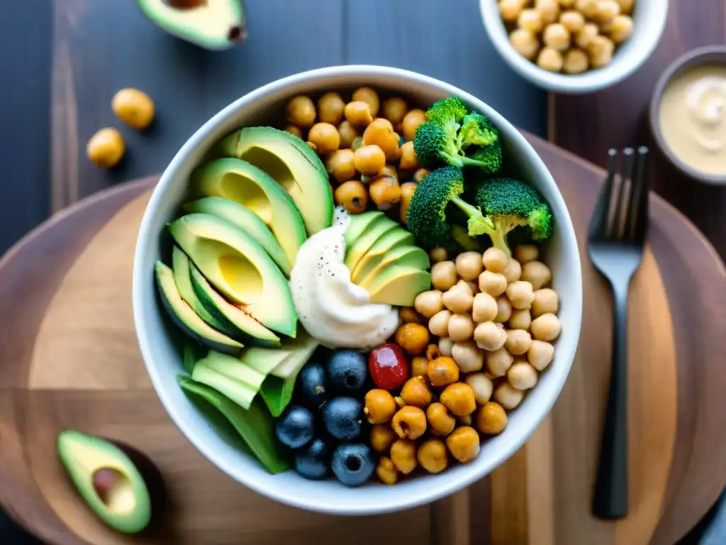 Un bowl vibrante y colorido con ingredientes sin gluten como quinoa, vegetales asados, aguacate y tahini