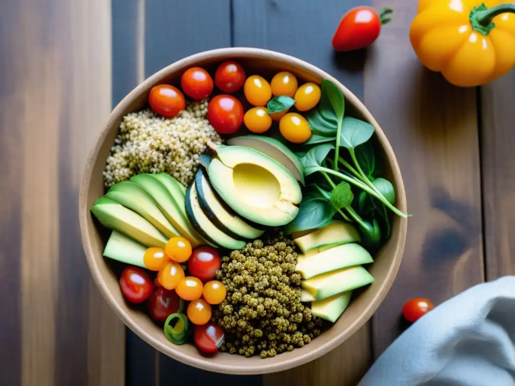 Un bowl vibrante y colorido con recetas veganas sin gluten con semillas, rodeado de ingredientes frescos