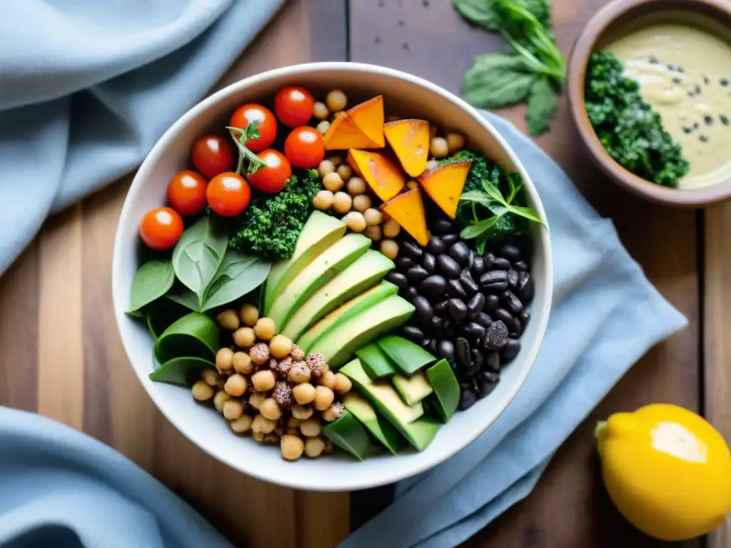 Bowl vibrante con quinoa, frijoles, aguacate, tomate, hierbas frescas y aderezo tahini, en mesa de madera rústica