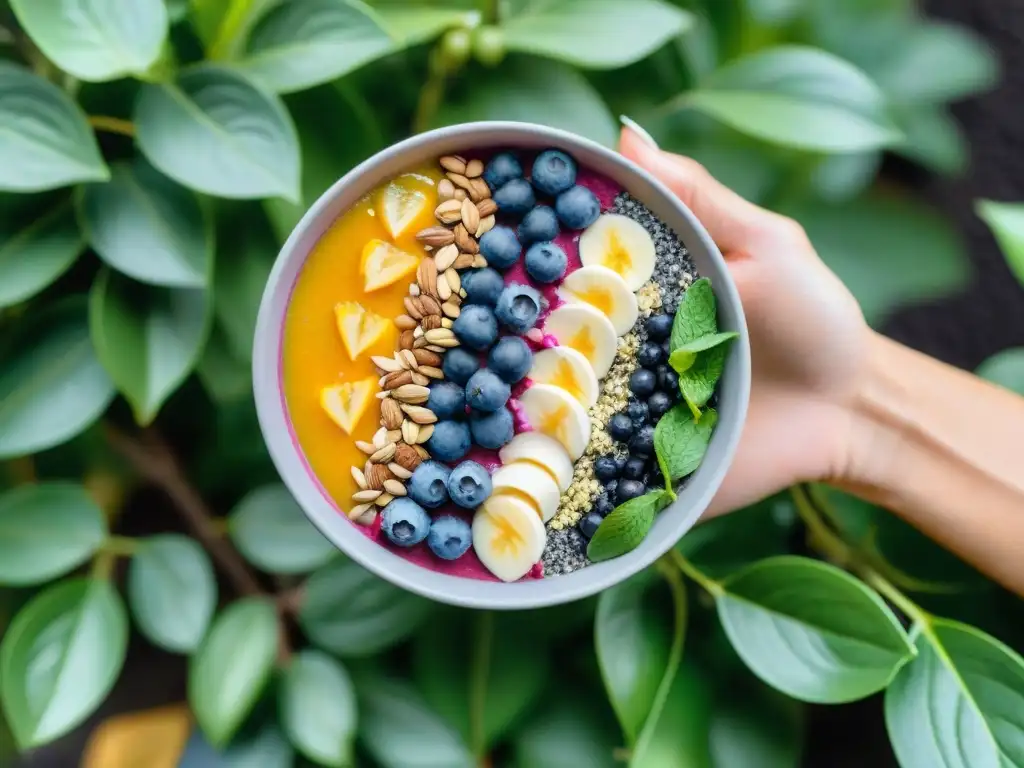 Un bowl vibrante con frutas frescas y proteínas en polvo sin gluten, en un jardín verde y soleado