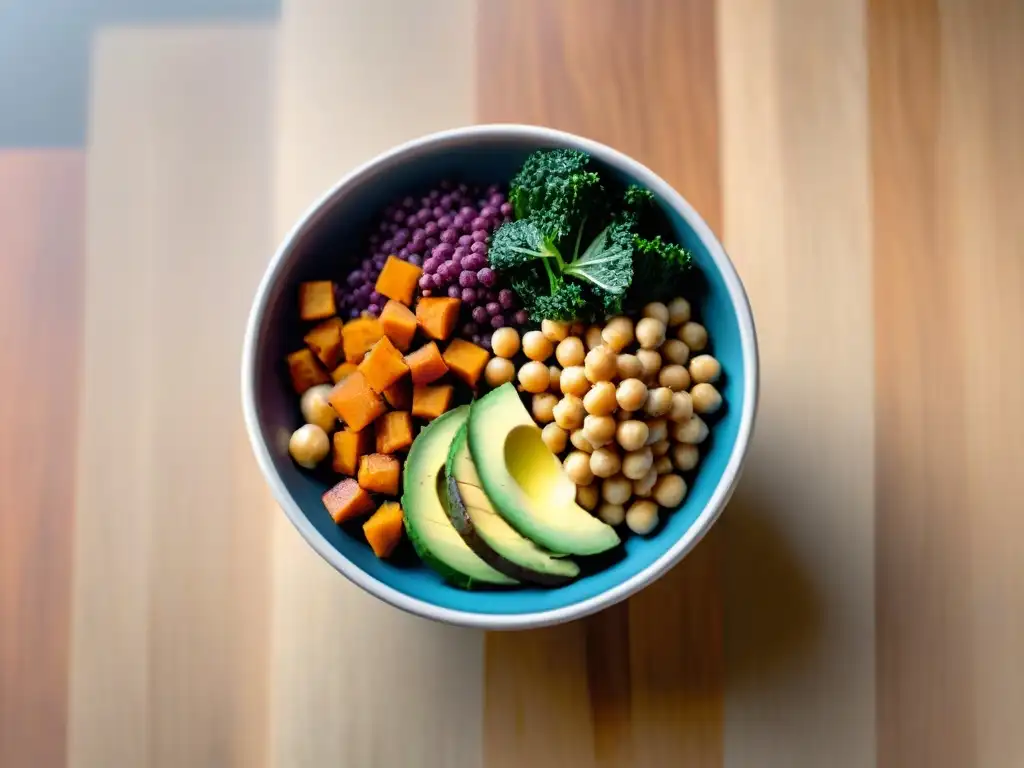 Un bowl vibrante con ingredientes saludables como quinoa, aguacate y kale