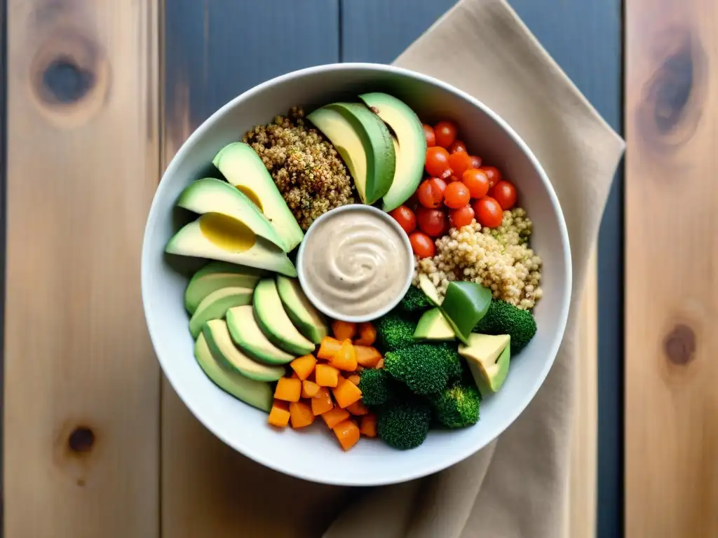 Un bowl vibrante con vegetales coloridos, quinoa y aguacate, bañado en aderezo tahini, sobre mesa rústica