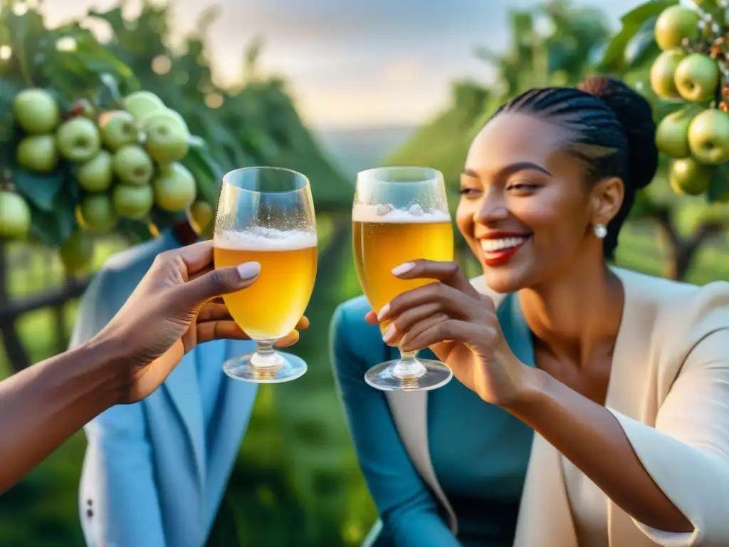 Un brindis feliz con sidras sin gluten fermentadas en un idílico huerto de manzanas al atardecer