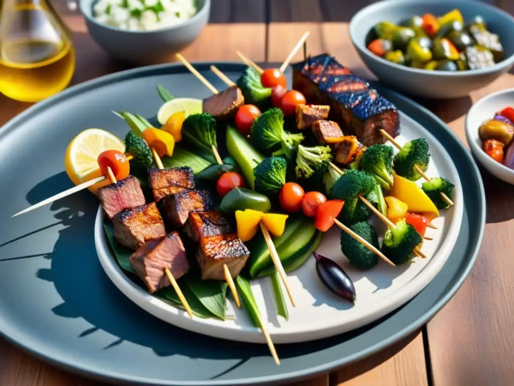 Brochetas de vegetales y carnes marinados sin gluten sabrosos en una mesa de madera rústica