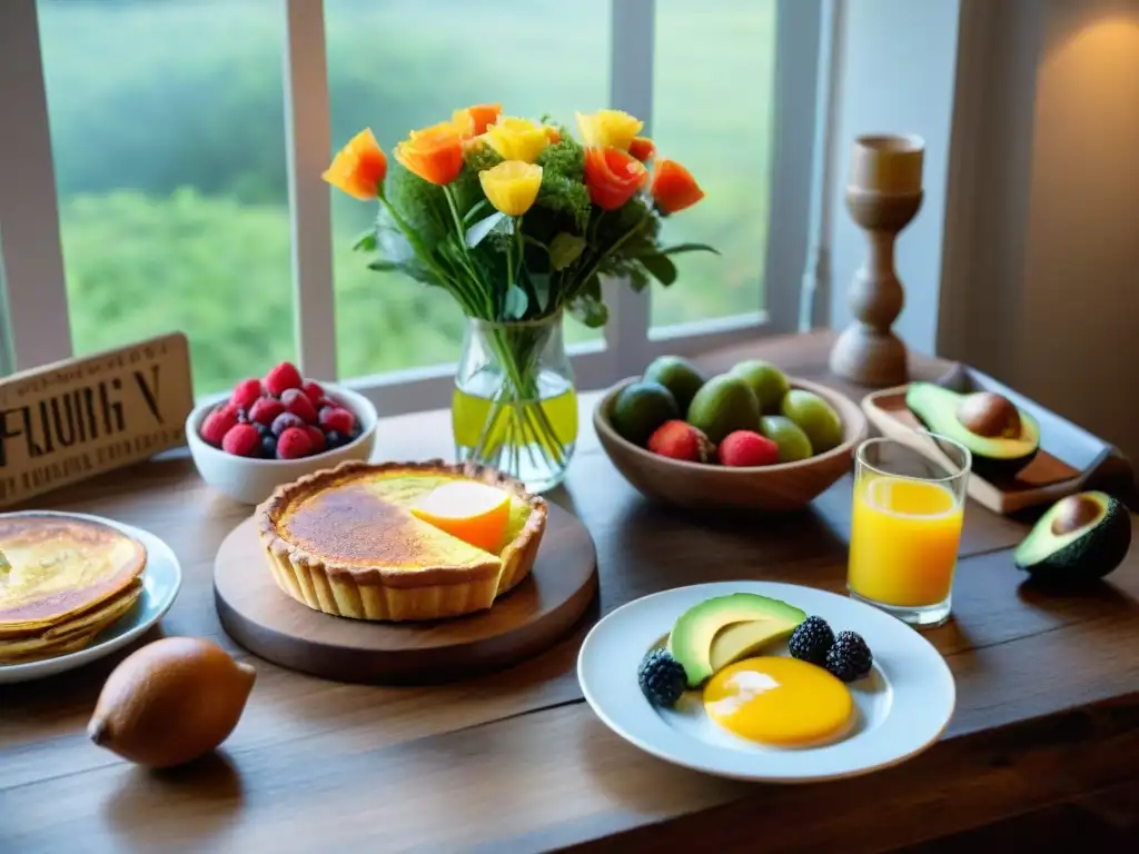 Un brunch sin gluten elegante en mesa de madera rústica con platos innovadores y coloridos, creando atmósfera cálida y acogedora