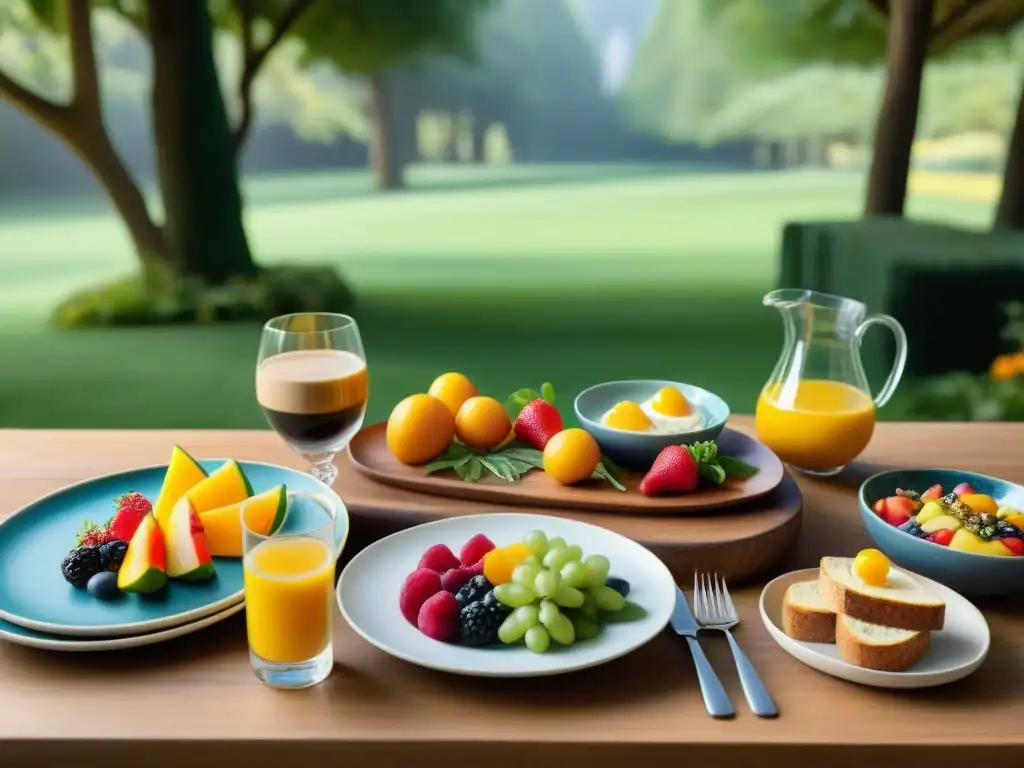 Un brunch sin gluten innovador en un jardín exuberante: platos coloridos, café recién hecho en tazas elegantes