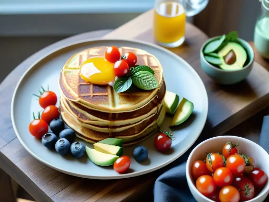 Un brunch sin gluten innovador en una mesa rústica: pancakes, waffles, frutas y hierbas frescas con luz natural