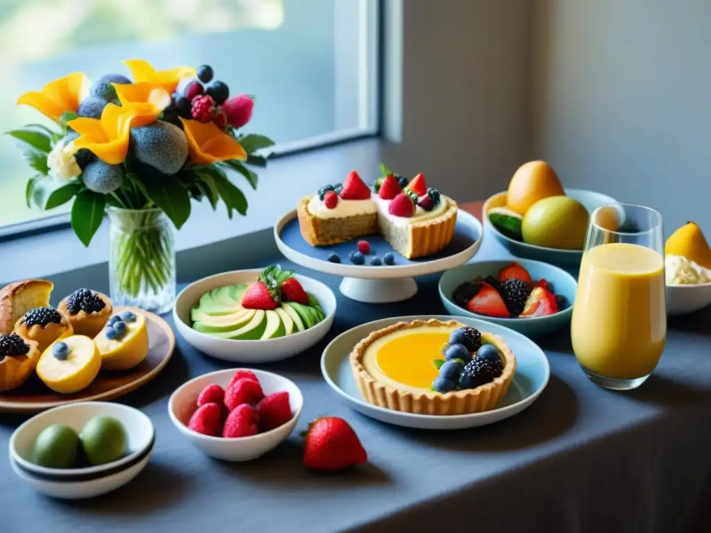 Un brunch sin gluten innovador: mesa elegante con variadas delicias sin gluten, decoración floral y luz natural brillante