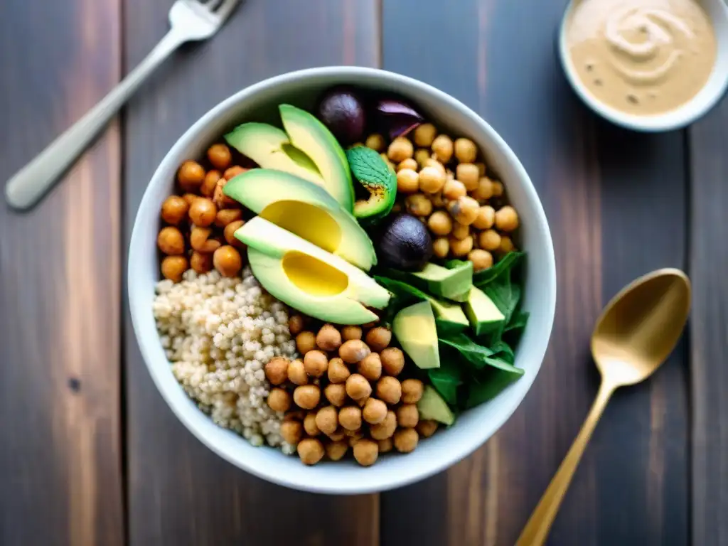 Un Buddha bowl colorido con ingredientes frescos sobre mesa rústica, recetas sin gluten alto proteínas