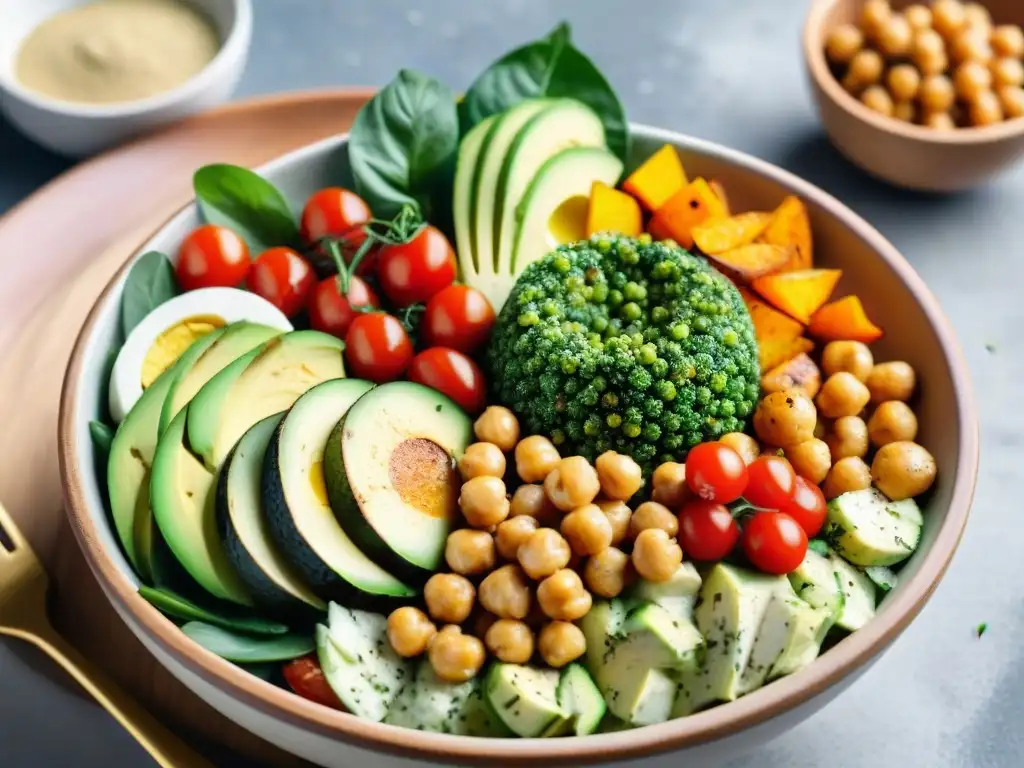 Un Buddha bowl colorido con vegetales frescos y vibrantes sobre una mesa de madera