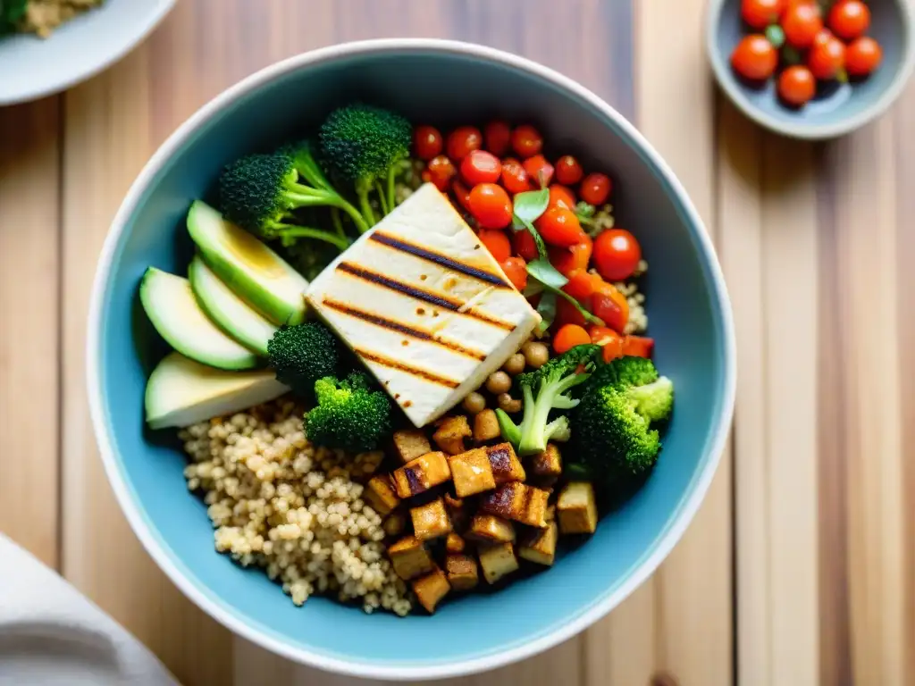 Un Buddha bowl colorido con vegetales vibrantes, quinoa, tofu sin gluten y salsa, en una mesa rústica iluminada naturalmente