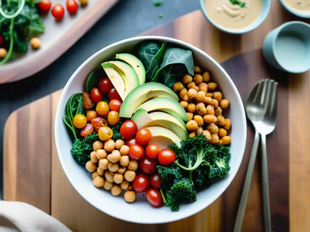 Un Buddha bowl vibrante y colorido con ingredientes frescos y variados, sobre una mesa de madera rústica