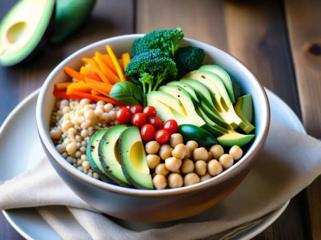 Un Buddha bowl vibrante y colorido con vegetales frescos, quinoa, aguacate y aderezo de tahini en mesa de madera