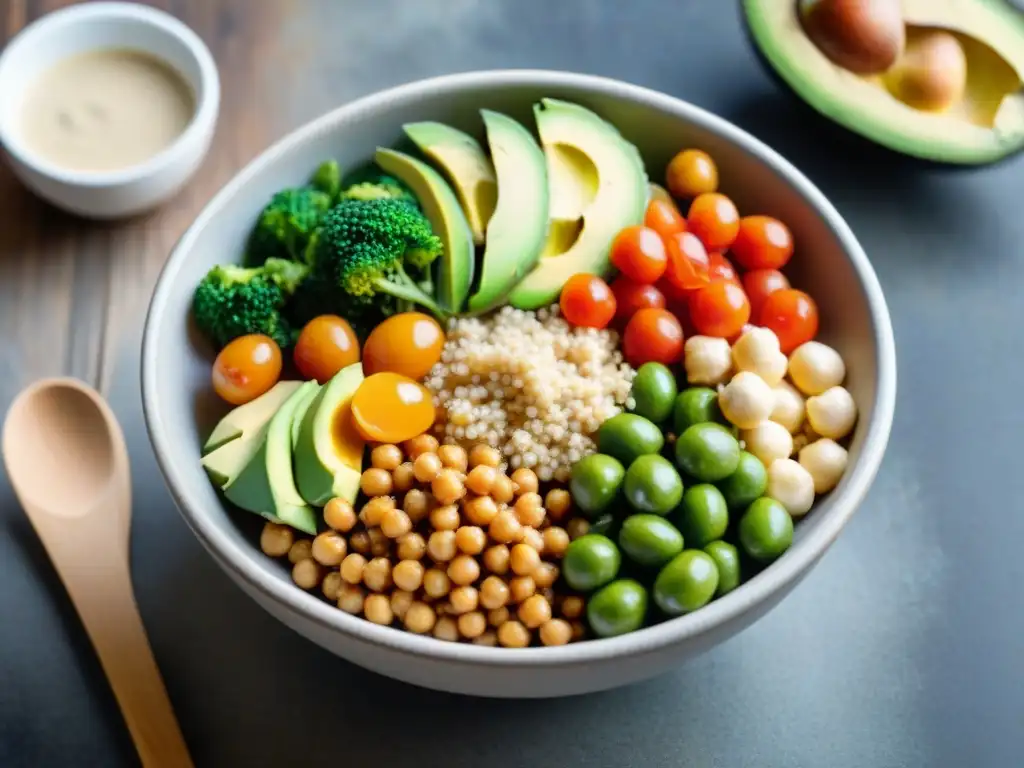 Un Buddha bowl vibrante y colorido con ingredientes frescos, quinoa, aguacate y aderezo de tahini en una mesa de madera rústica