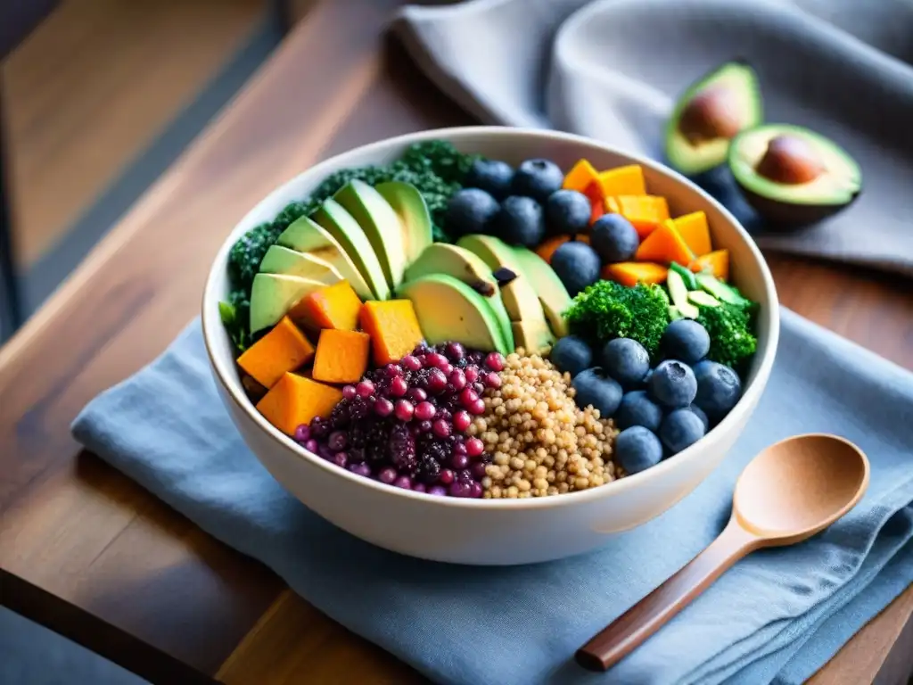 Un Buddha bowl vibrante y colorido con superalimentos como quinoa, kale, aguacate, arándanos y semillas