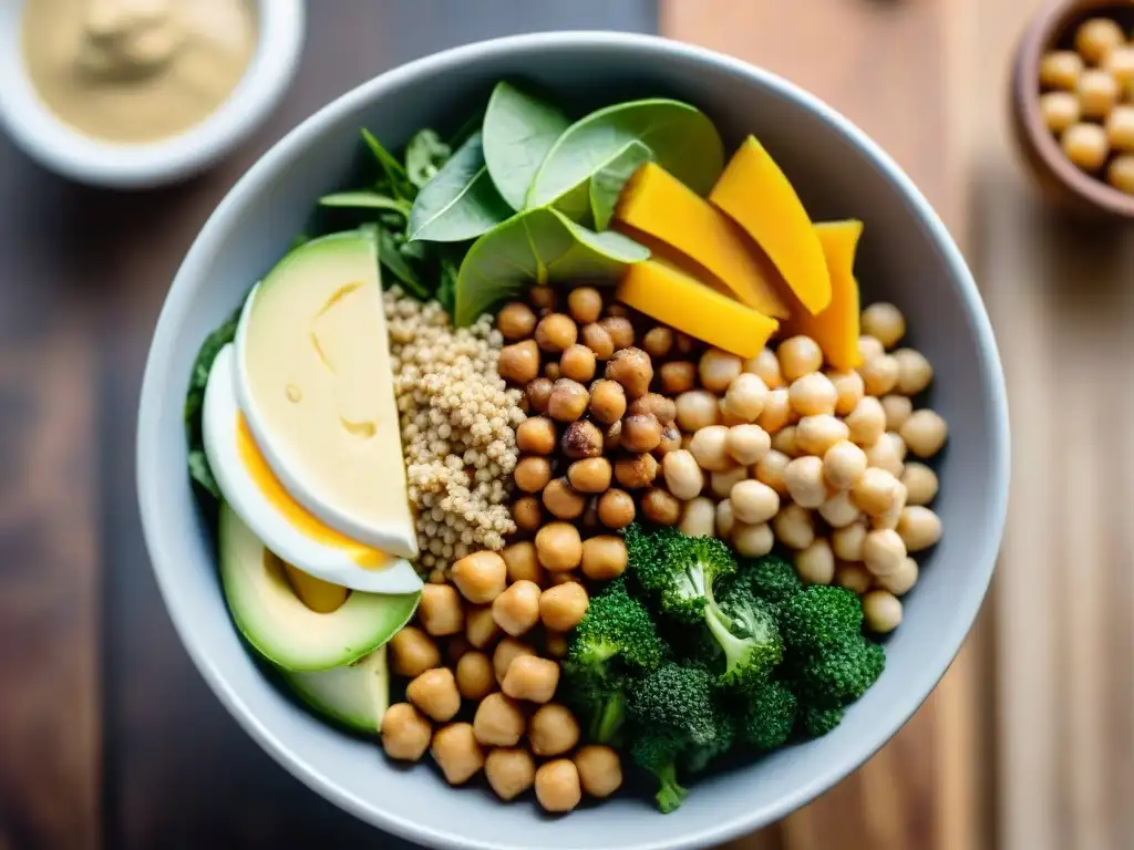 Un Buddha bowl vibrante y colorido con proteínas alternativas sin gluten innovadoras, rodeado de ingredientes frescos en una mesa rústica