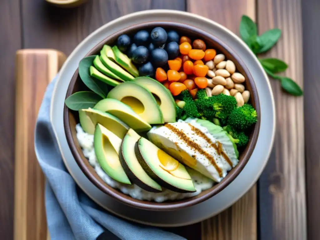 Un Buddha bowl vibrante y colorido con ingredientes veganos ricos en grasas saludables, en dieta sin gluten