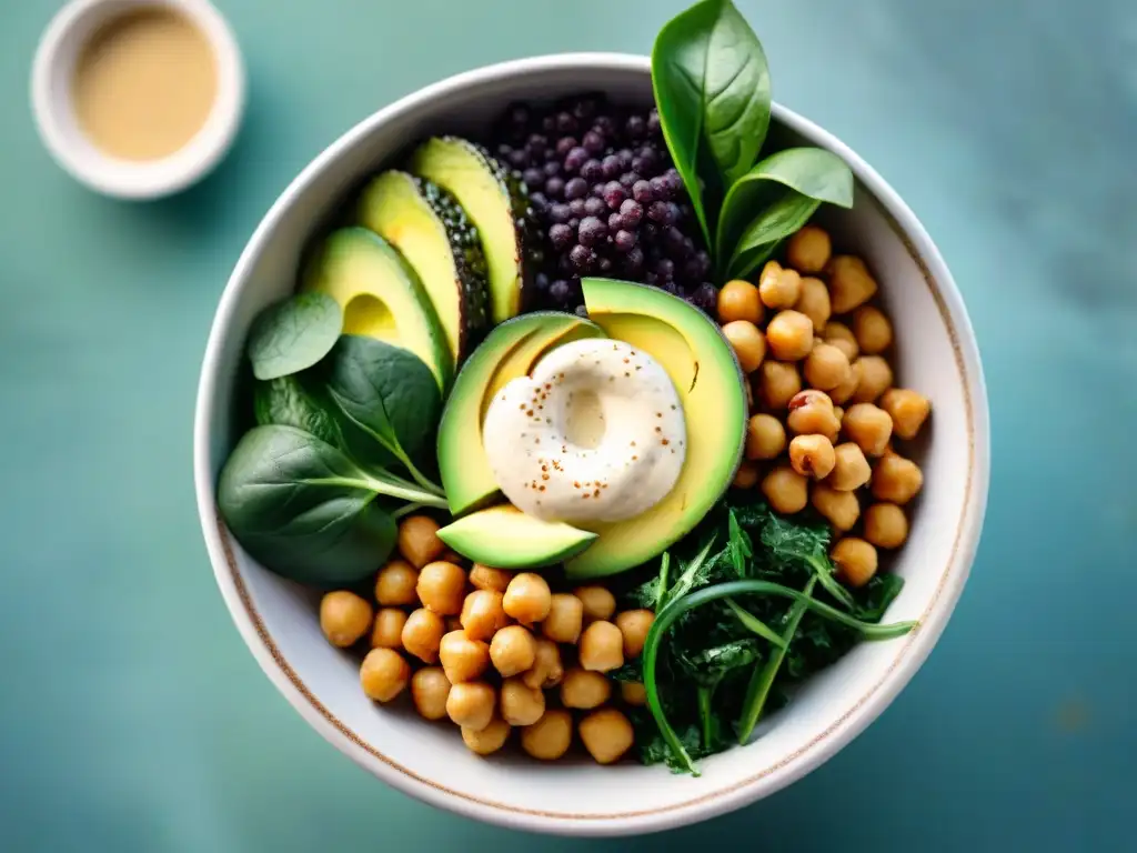 Un Buddha bowl vibrante y detallado con ingredientes sin gluten, como quinua, vegetales asados, aguacate, garbanzos y aderezo de tahini