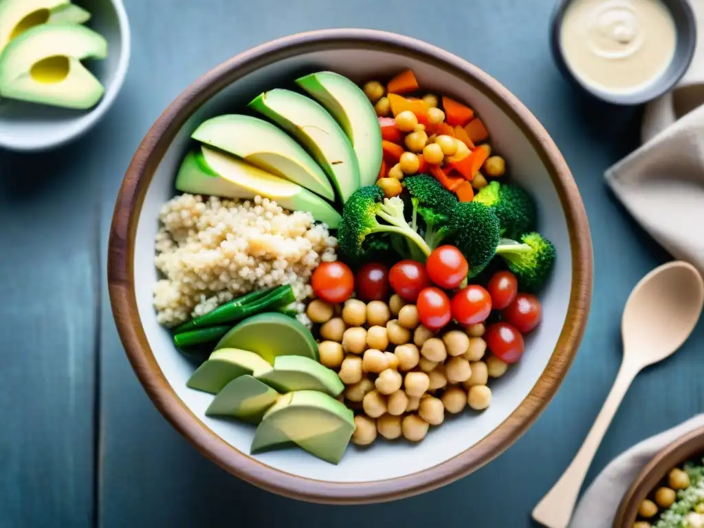 Un Buddha bowl vibrante y detallado con vegetales frescos, quinoa, aguacate y aderezo de tahini, en una mesa rústica