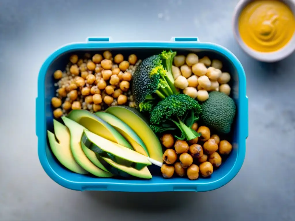 Un Buddha bowl vibrante con ingredientes coloridos y frescos en una lonchera ecológica