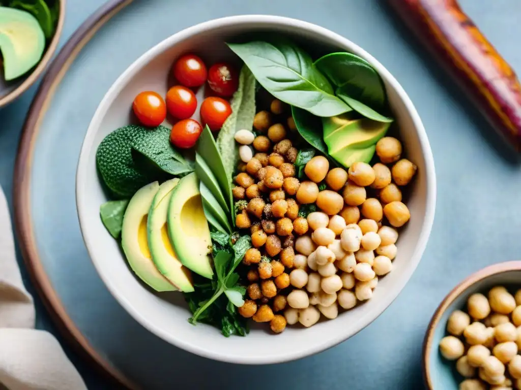 Un Buddha bowl vibrante con ingredientes nutritivos y coloridos, evocando frescura y creatividad en recetas veganas sin gluten